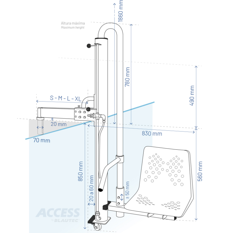 Plano de la planta de la silla de piscina para minusválidos Access B1